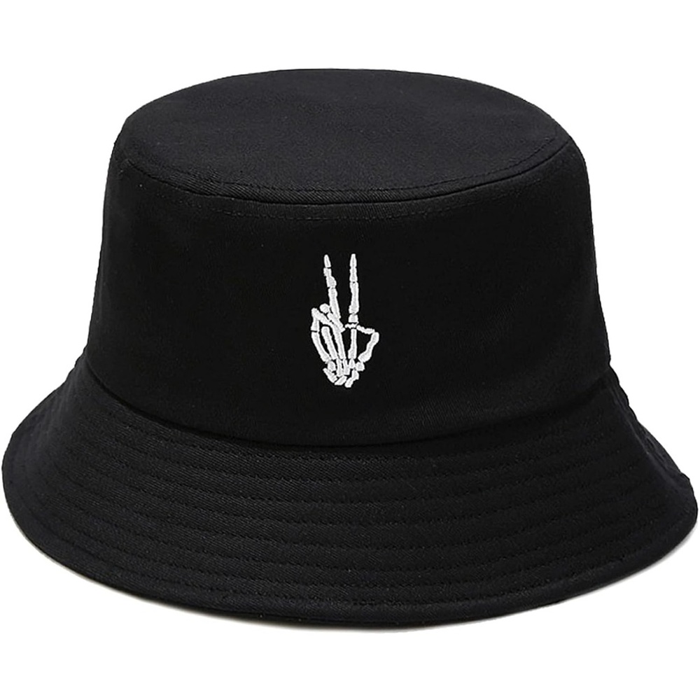 Black Bucket Hat with Skeleton Hand Design